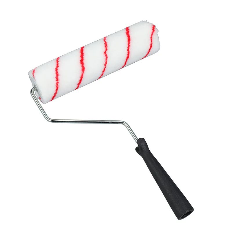 9 inch roller with red striped cover mounted on a bent wire cage frame