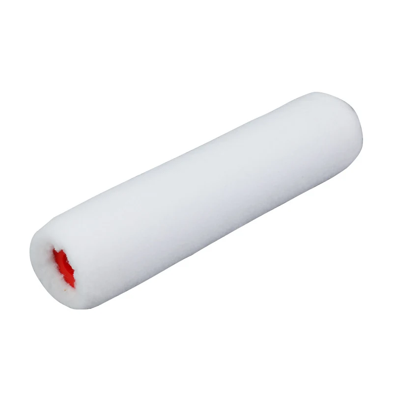 White fabric paint roller cover with visible red core at one end on a plain white background
