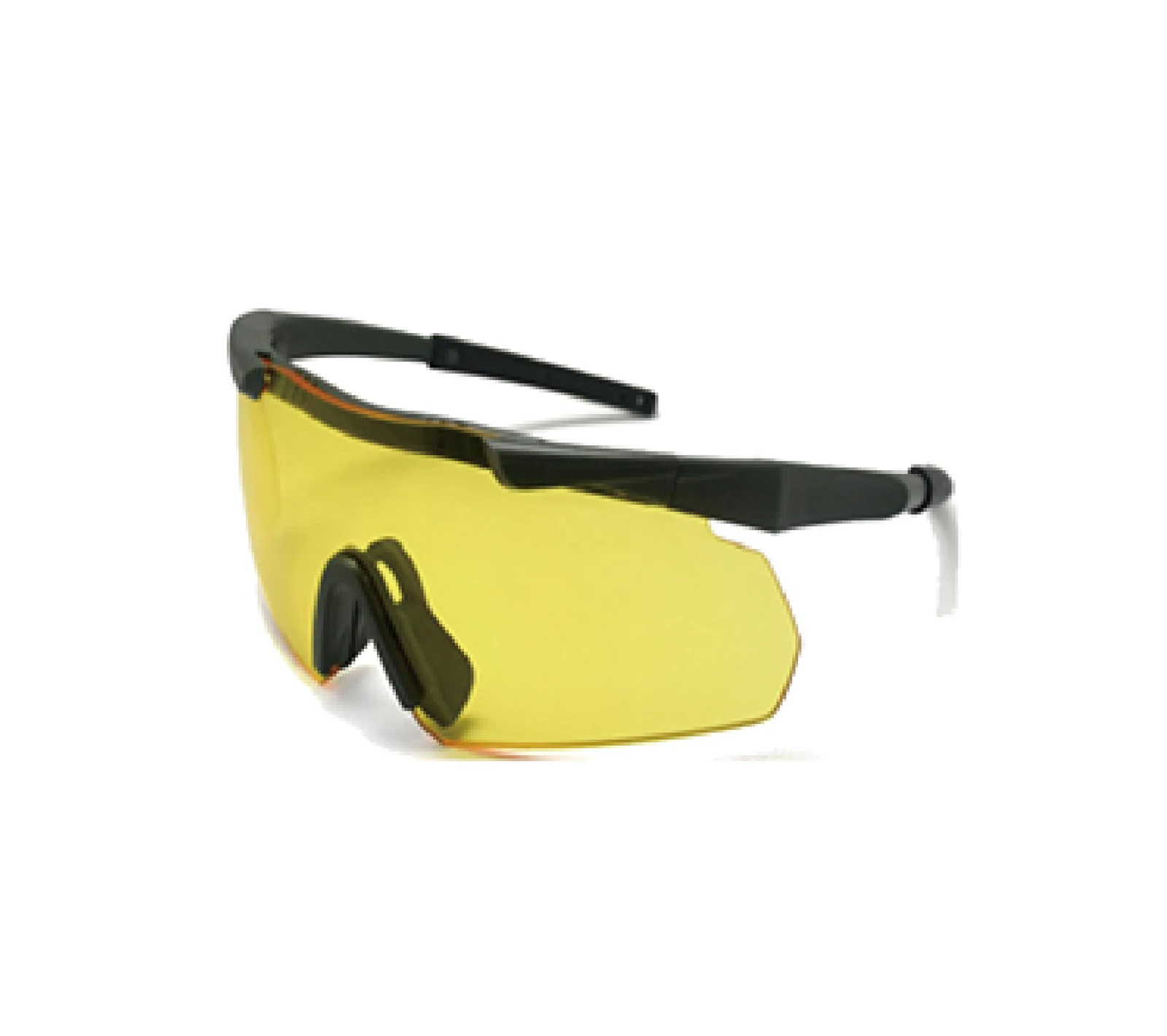 Safety glasses with amber yellow tinted lens and black frame on white background