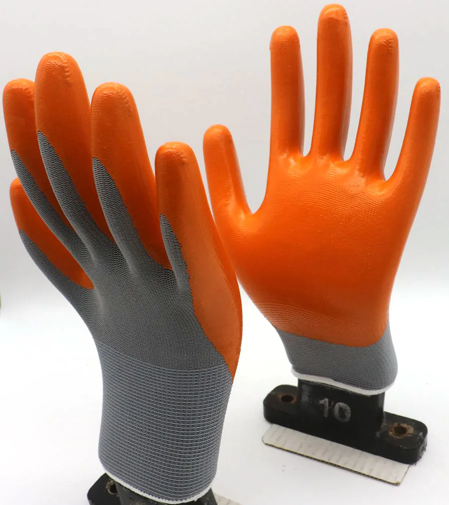 Orange crinkle coated work gloves with grey knitted liner model FT-GL-601
