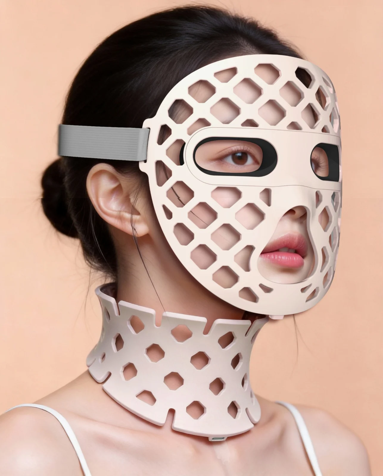 LED-Gesichtsmaske mit 3D-Hohldesign, die auf dem Gesicht einer Person getragen wird