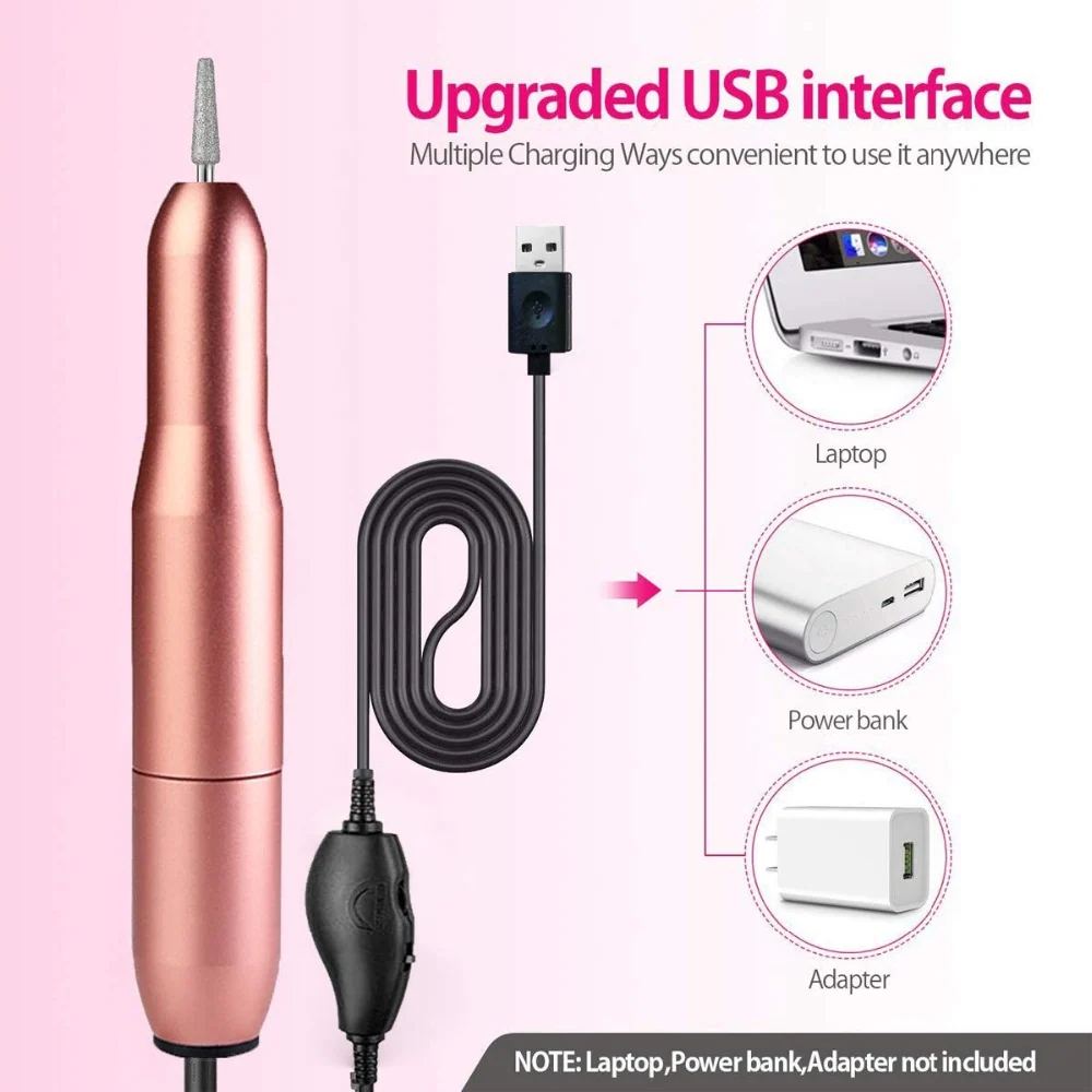 Electric nail drill in rose gold colour with USB cable and storage bag