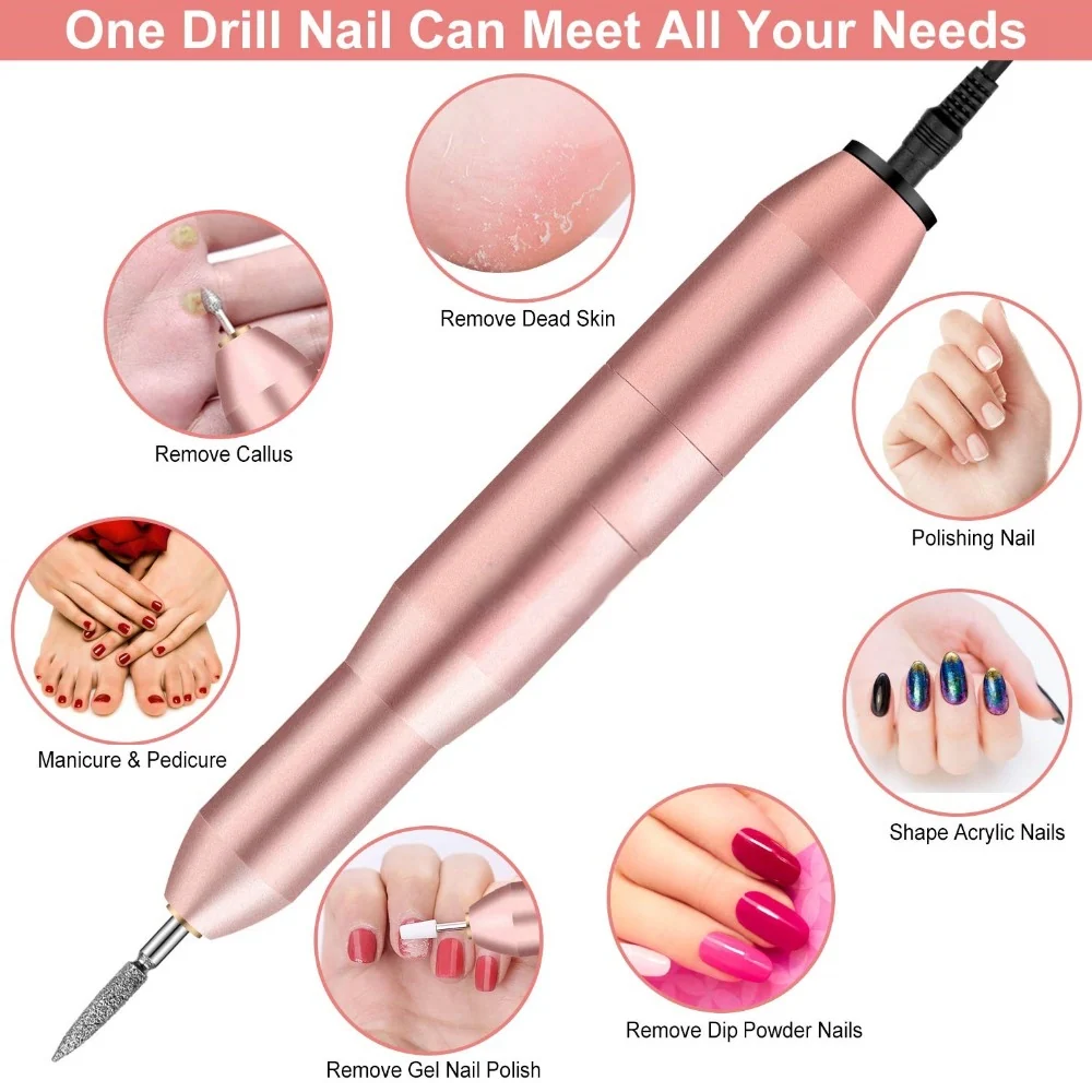 Nail drill machine being used for sanding and polishing on a fingertip