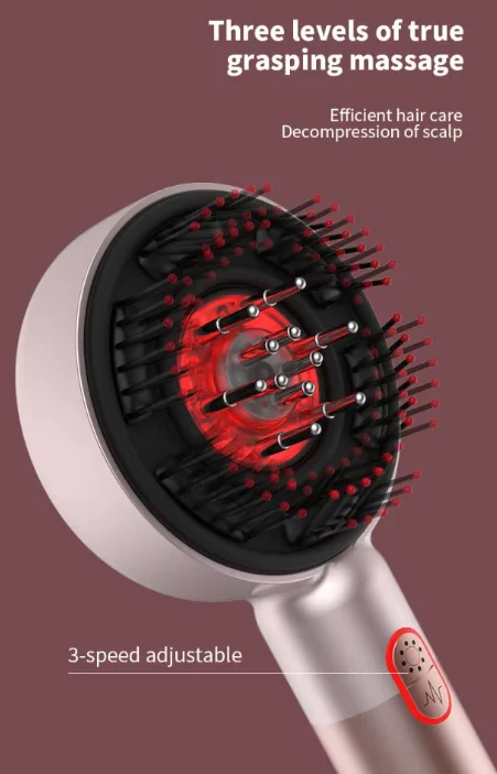LED hair comb shown with USB cable and colour box packaging