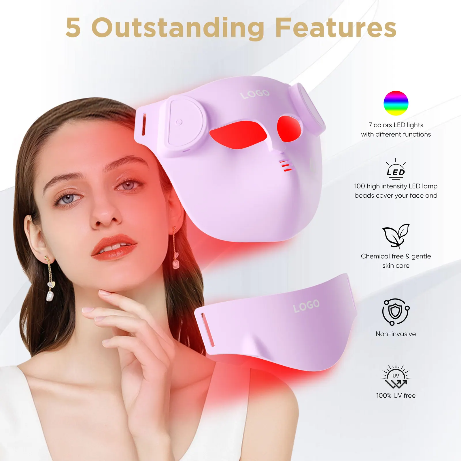 LED face mask in use with side-mounted sensor visible for mode control