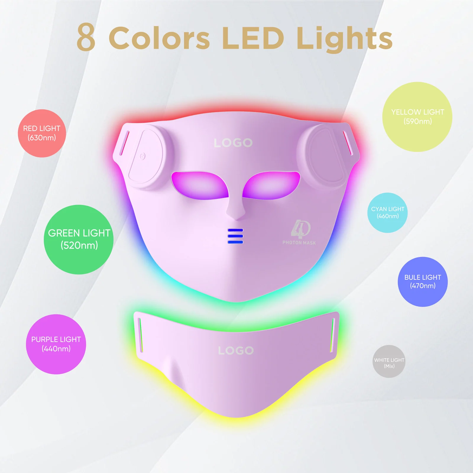 LED therapy mask displayed in its colour box with blister tray and USB cable