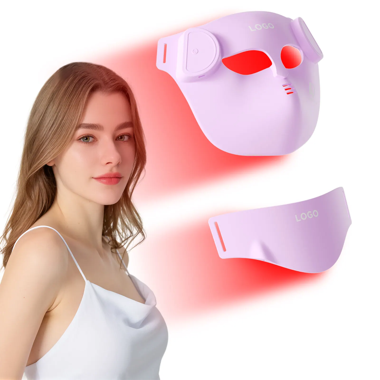 Professionelle LED-Lichttherapiemaske, die im Gesicht getragen wird und bei der alle vier LED-Modi aktiv sind