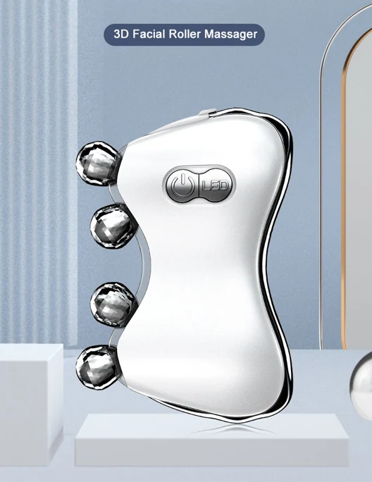 3D roller facial massager with LED lights in use on the jawline