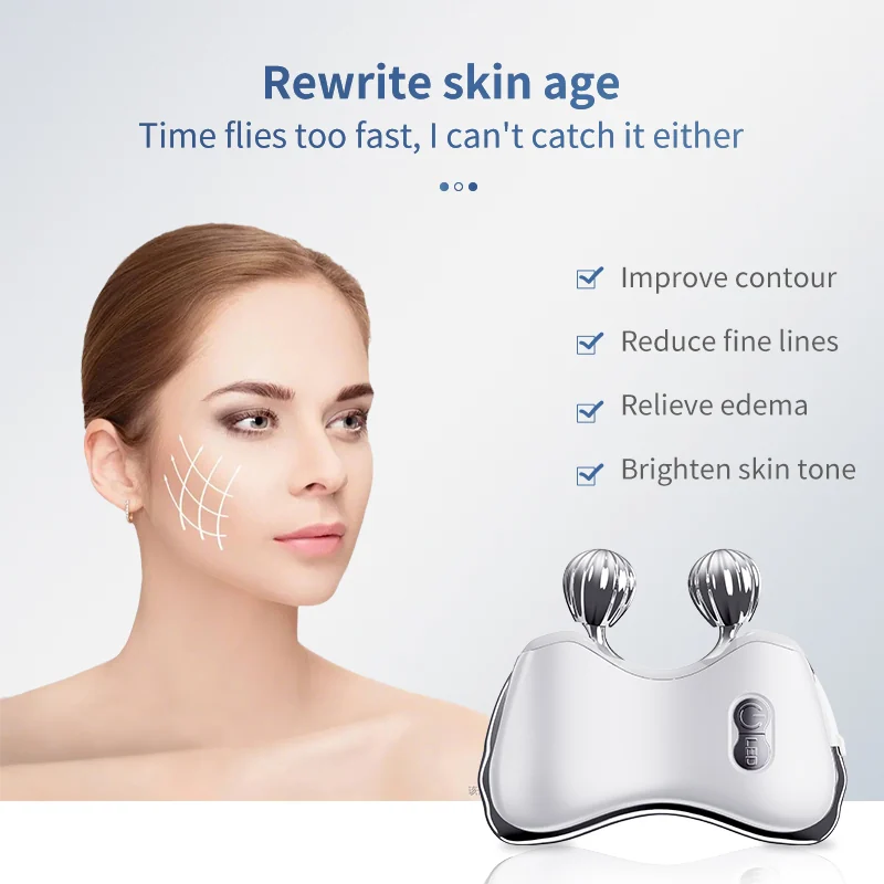 Dual-roller EMS facial massage device shown from the front