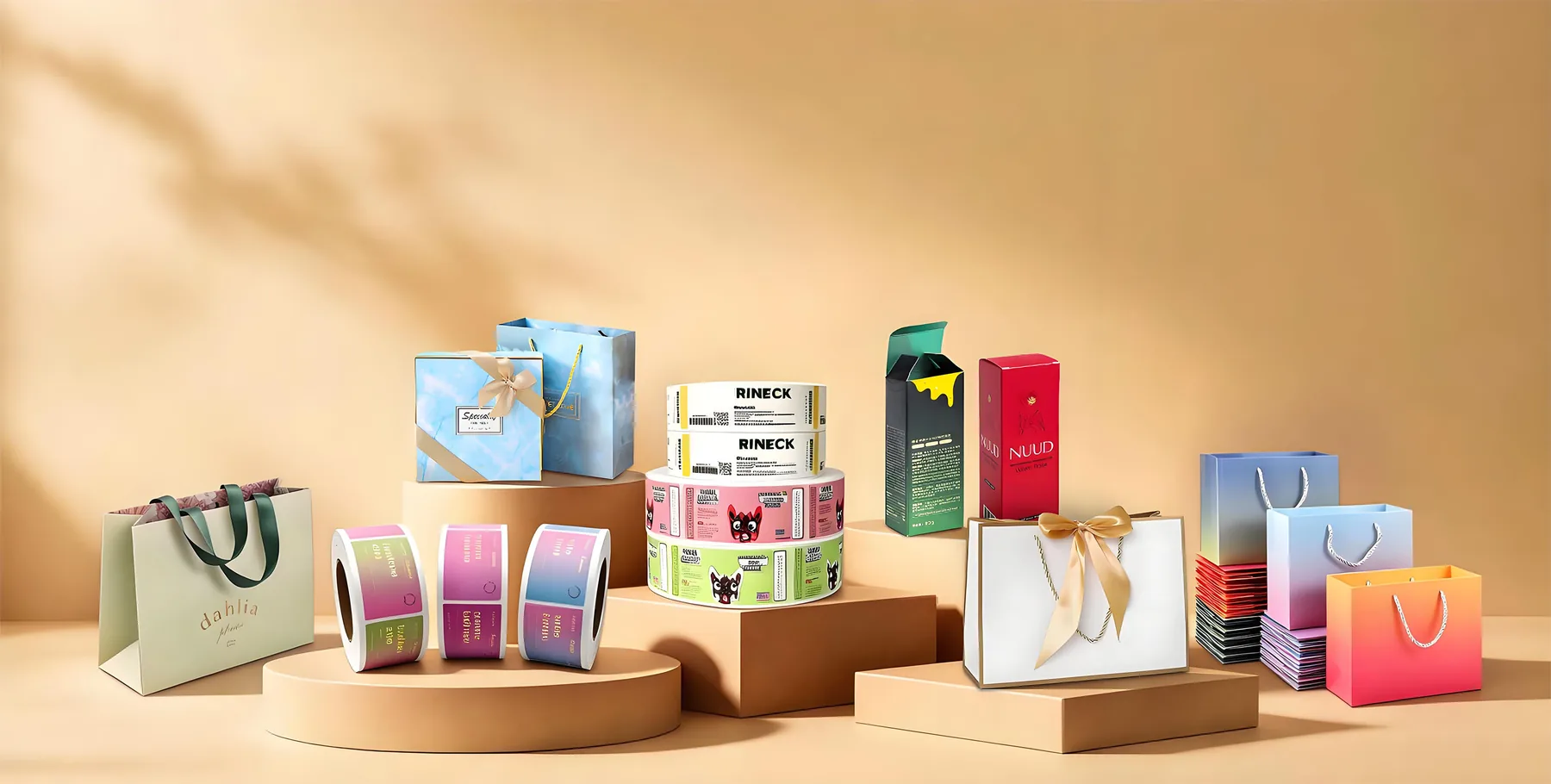 Retail packaging display of printed paper bags, folding cartons and label rolls