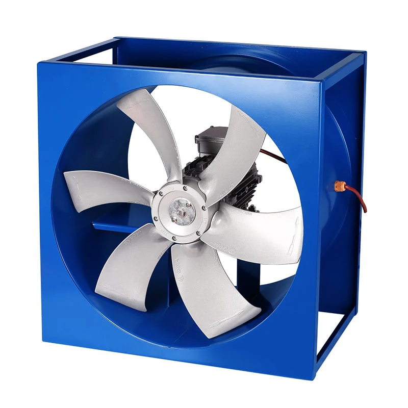 Blue square wall type GKF axial drying fan with six silver aluminium blades