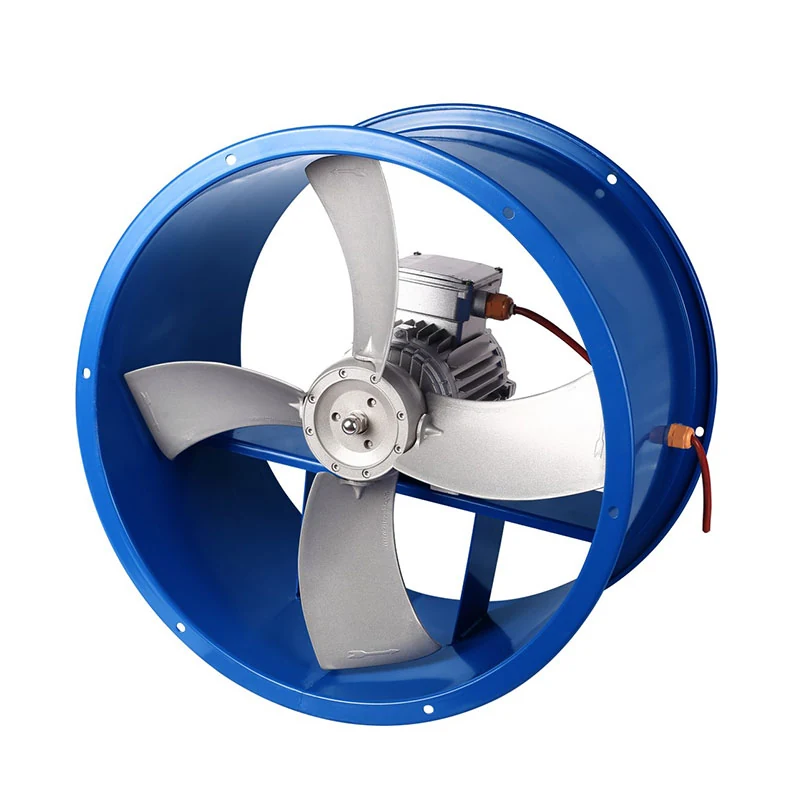 Blue tube type axial drying fan with the motor mounted on cross braces inside the duct