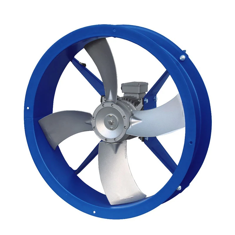 Front view of the pipeline type axial fan showing the flanged duct and five blades