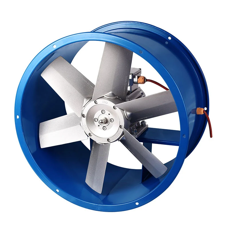 Tube type axial drying fan viewed from the inlet with the terminal box on the housing
