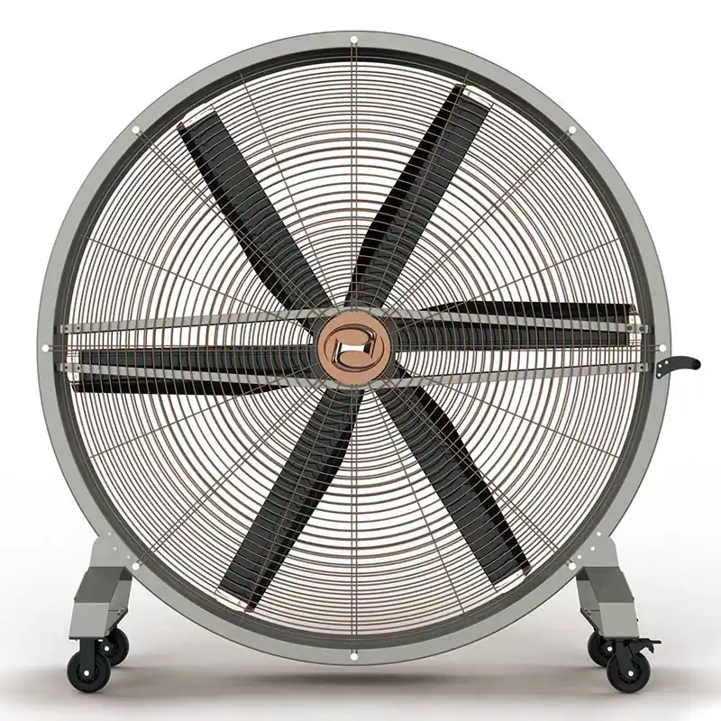 Diamond big movable fan on four casters with a six-blade rotor behind a wire guard