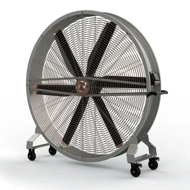 Big movable floor fan viewed at an angle showing the wheeled base frame