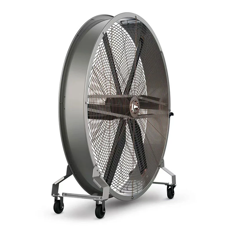 Side view of the movable HVLS fan showing the tilting drum frame