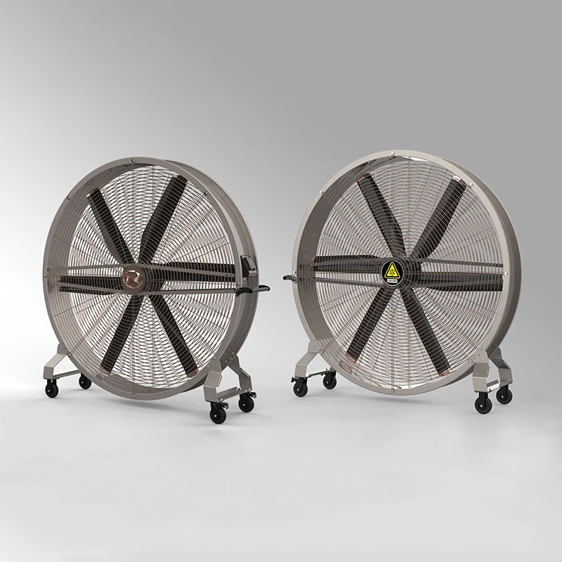 Two big movable fans of different diameters standing side by side