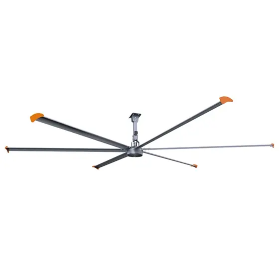 Ventilador de teto industrial HVLS Diamond com seis lâminas de alumínio prateado e pontas de winglet laranja