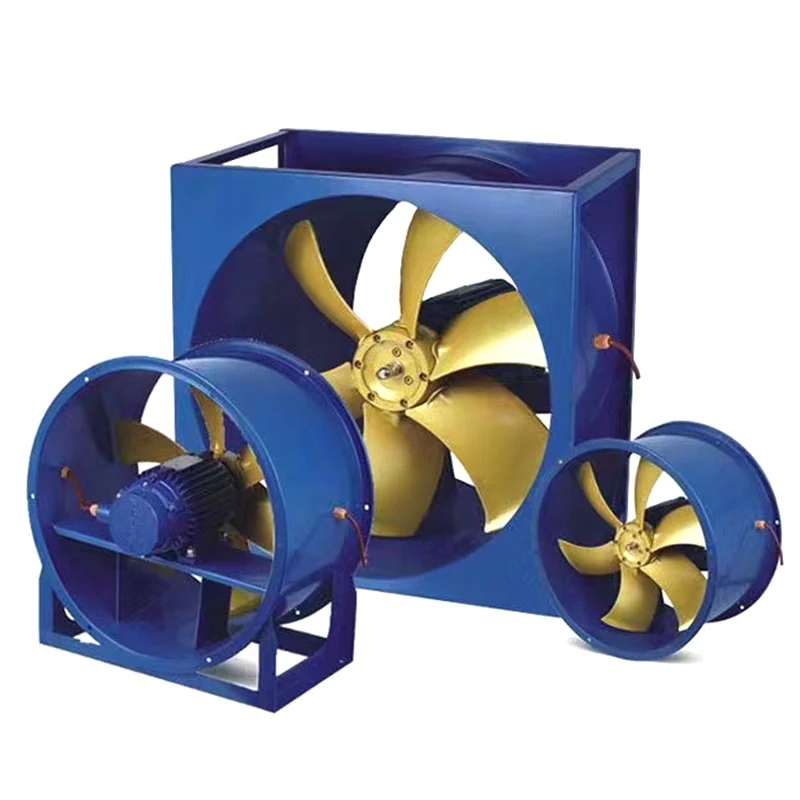 Ventiladores à prova de explosão tipo quadrado e tipo tubo de três tamanhos mostrados juntos
