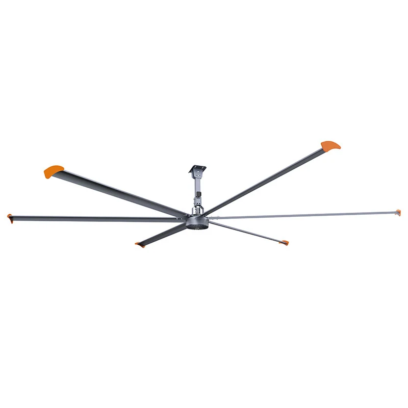 Industrieller HVLS-Deckenventilator Diamond mit sechs silbernen Aluminiumflügeln und orangefarbenen Winglet-Spitzen
