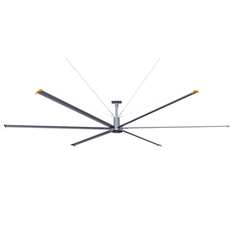 Industrieller HVLS-Deckenventilator aus einem Winkel mit sechsflügeliger Nabe und Fallstange