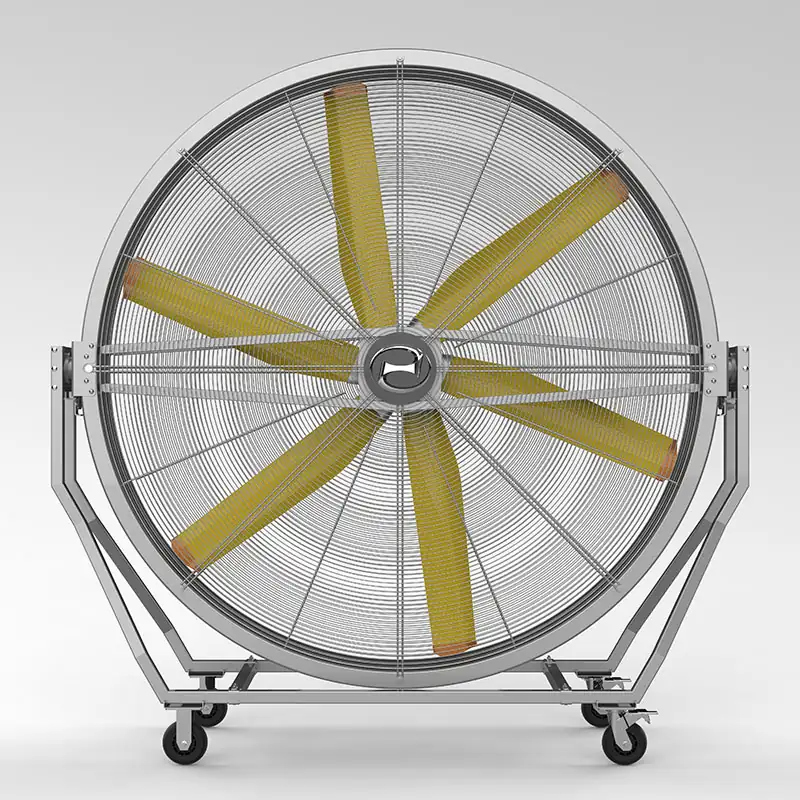 Diamond industrial stand fan on a wheeled frame with yellow tipped blades behind a guard