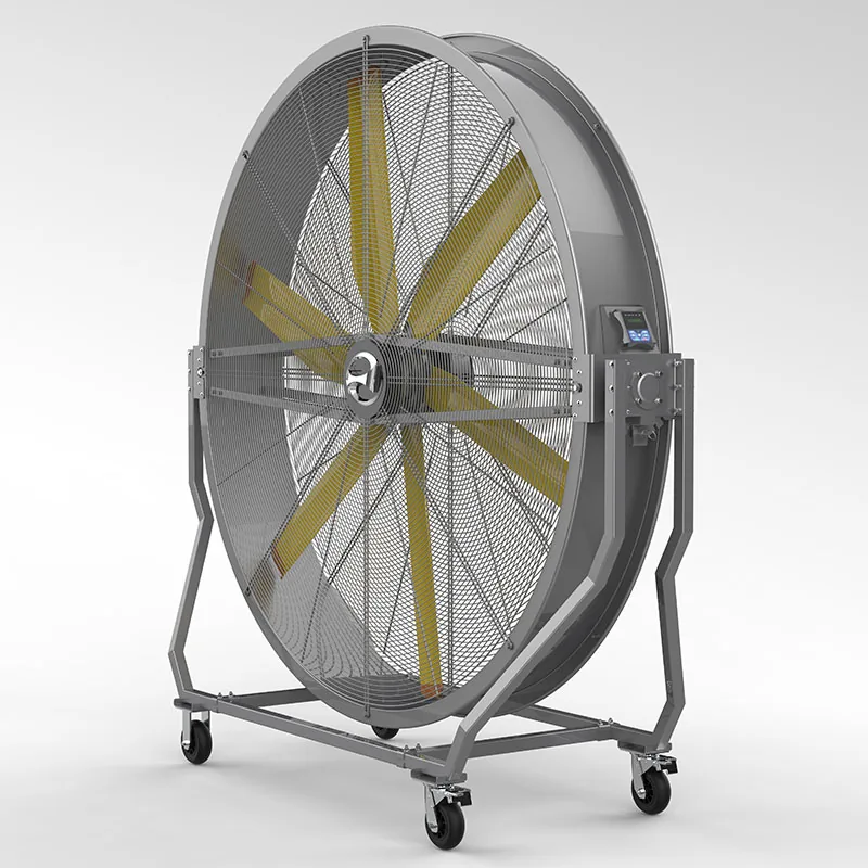 Industrial stand fan raised on a tall trolley frame showing the tilt adjustment