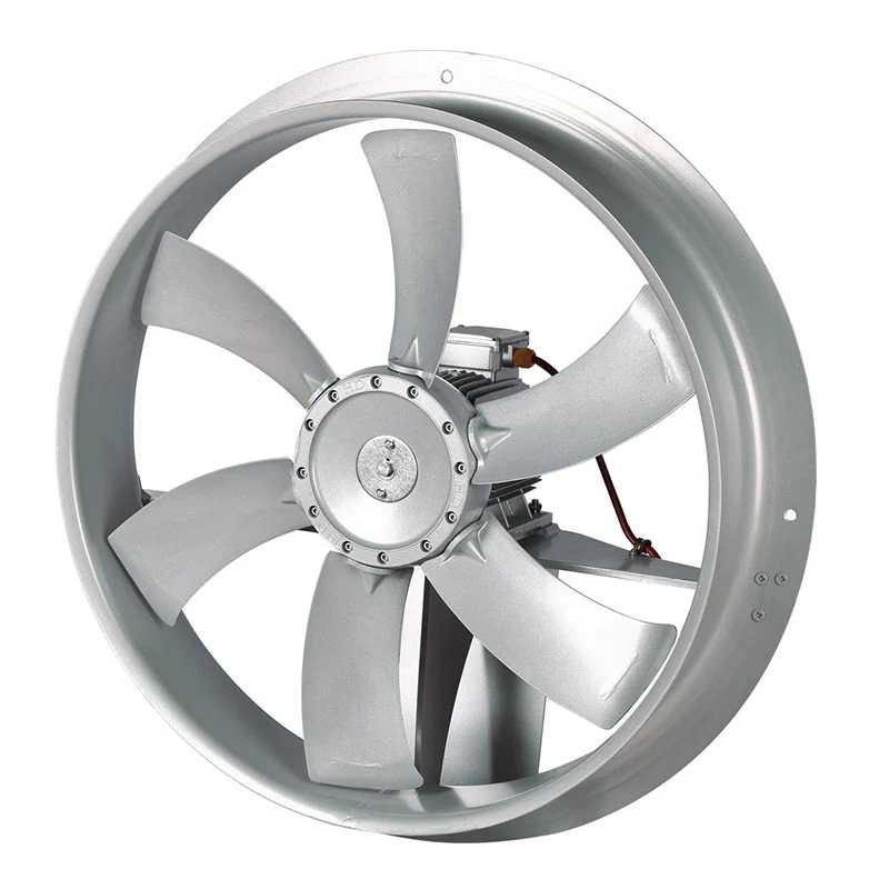 Silberner GKW-Holztrockenofenventilator aus Aluminium mit acht geschwungenen Flügeln in einem kurzen Kanal