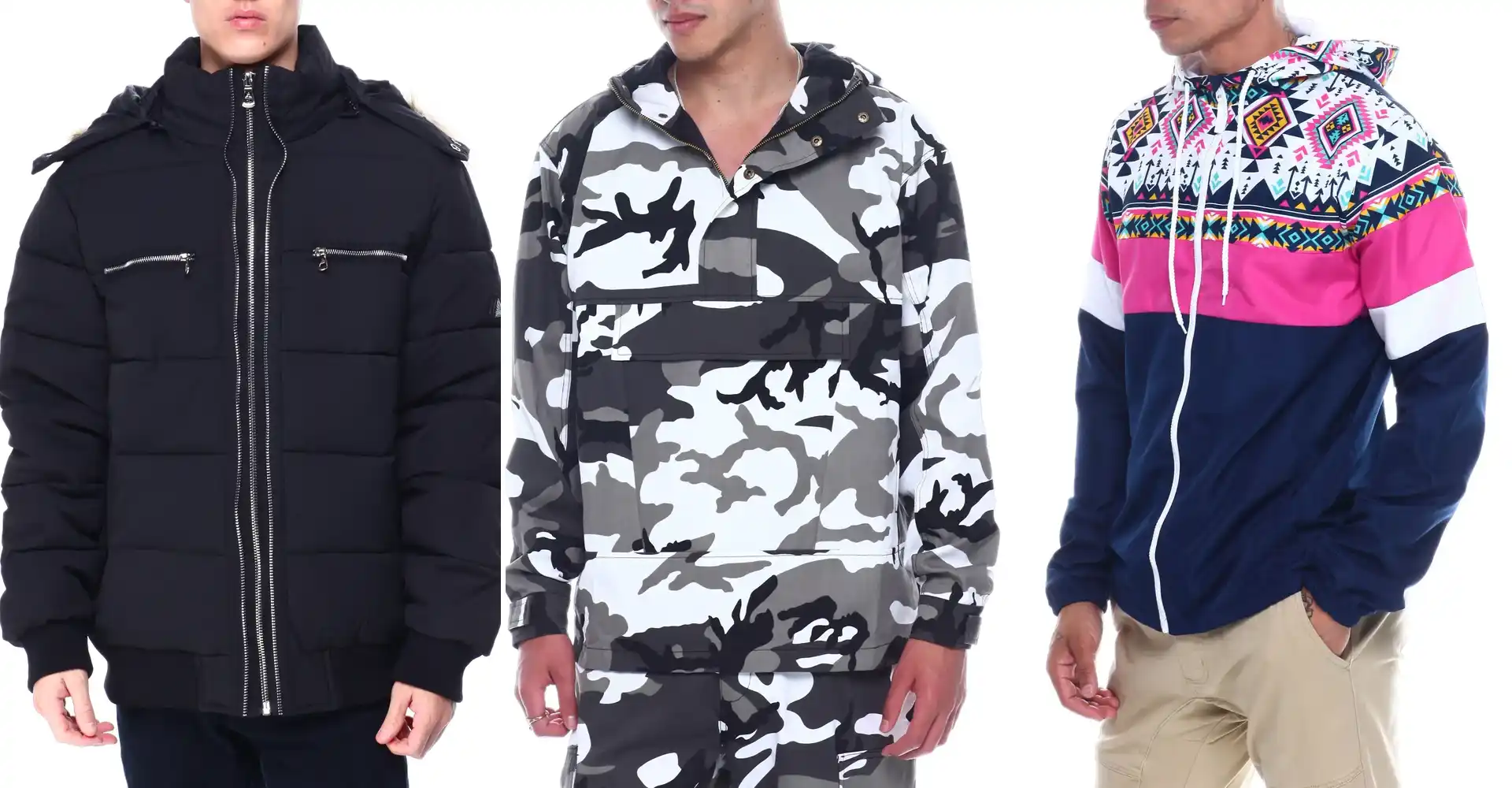 Hooded black puffer, white camouflage anorak parka and a full zip windbreaker produced to customer designs by Foriver Garment