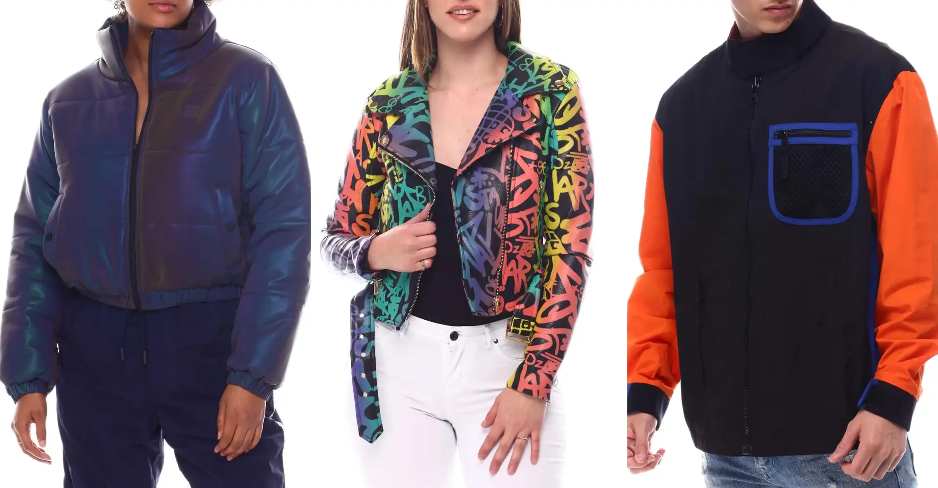 Reflective cropped puffer, printed moto jacket and a colour blocked scuba jacket cut and sewn at the Foriver factory in Dongguan