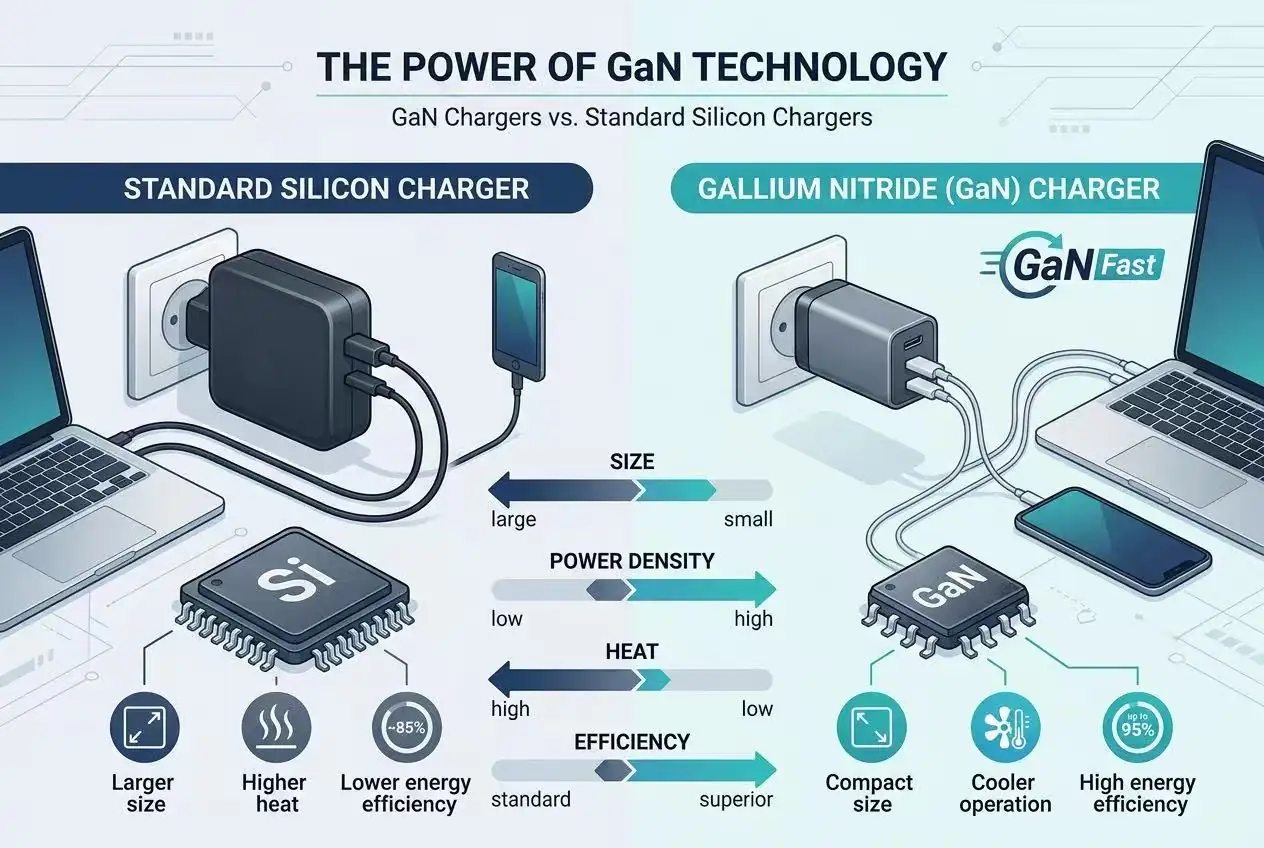comparison between gallium nitride (gan) chargers and standard chargers