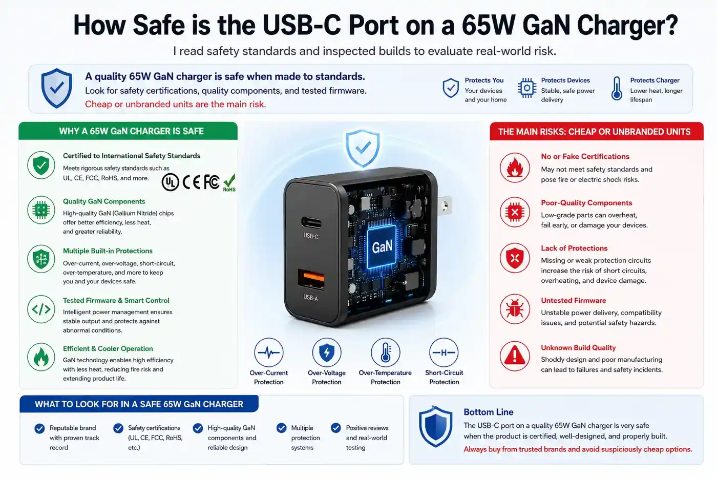 how safe is the usb c port on a 65w gan charger