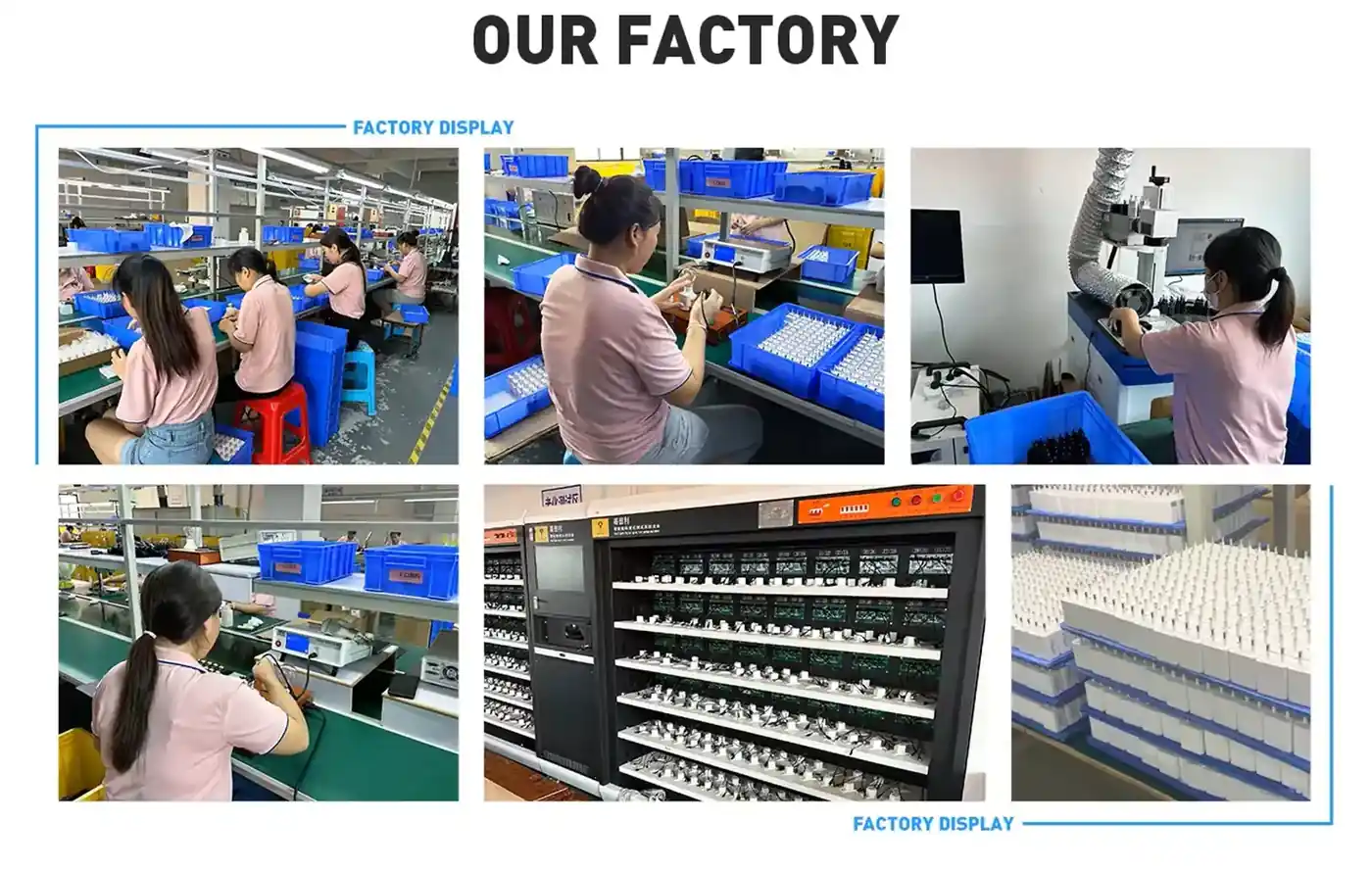 Assembly and test stations across the FUMEI production floor.