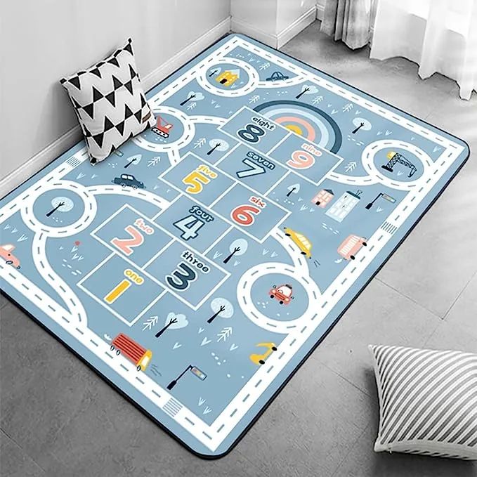 Hopscotch play mat printed with numbered squares and roads