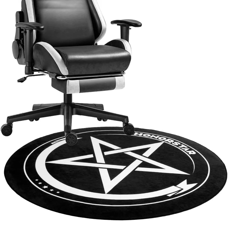 Round gaming chair mat with a custom printed design on a hard floor