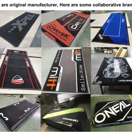 Grid of custom logo motorcycle mats produced for different brand customers