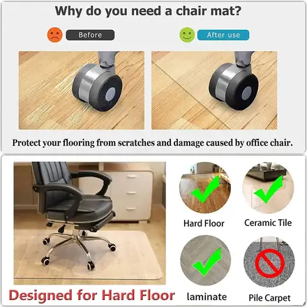 PVC chair mat photographed flat showing the clear rectangular panel