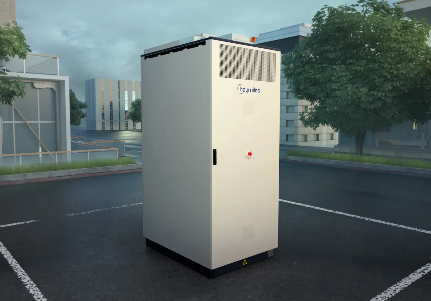Outdoor energy storage cabinet installed beside a commercial building
