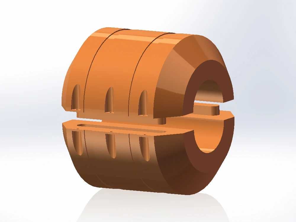 Assembled PE float unit clamped around a pipe section