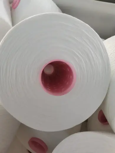 100% Spun Polyester Yarn 50S/2 on cone at the Hubei HuiLai Textile mill