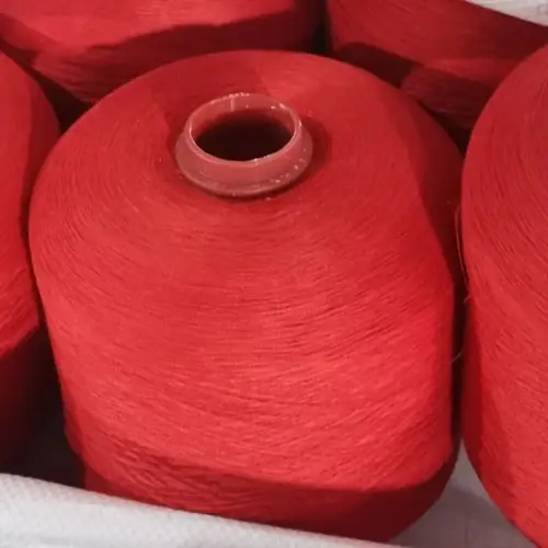 Colour-Dyed Spun Polyester Yarn 50S/3 on cone at the Hubei HuiLai Textile mill