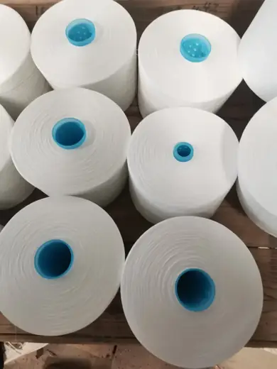 100% Spun Polyester Yarn 60S/2 on cone at the Hubei HuiLai Textile mill