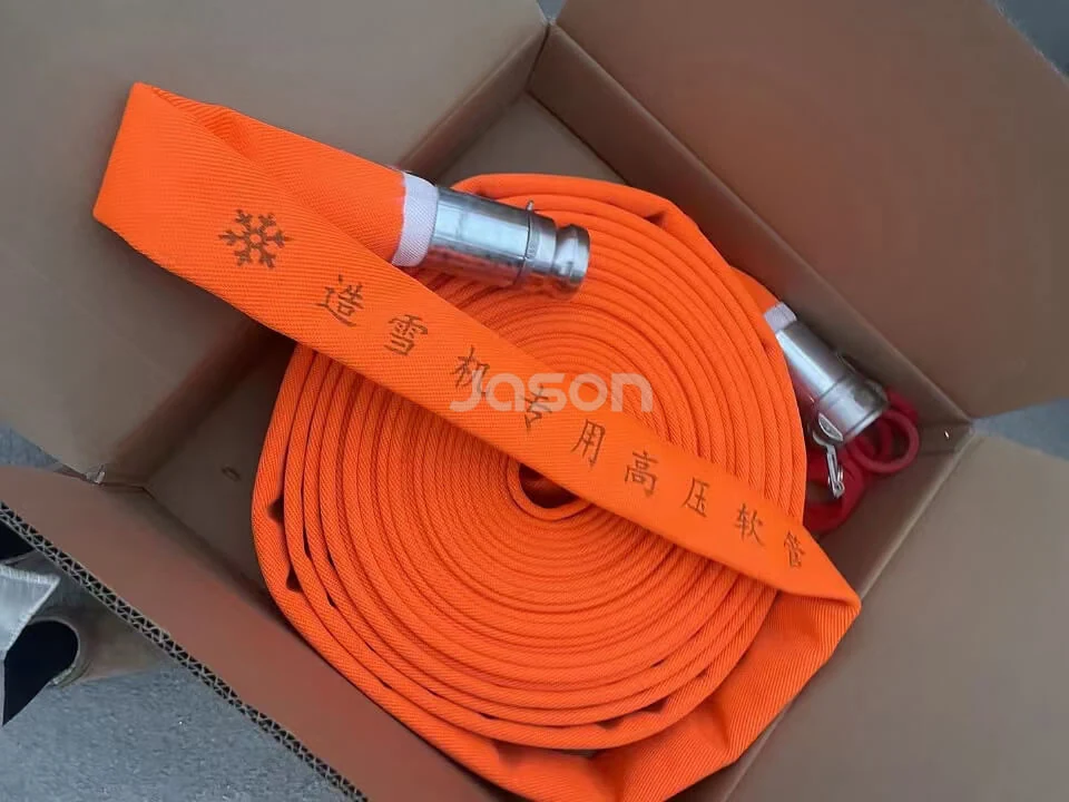 Orange snow making hose with coupling packed for a ski resort order
