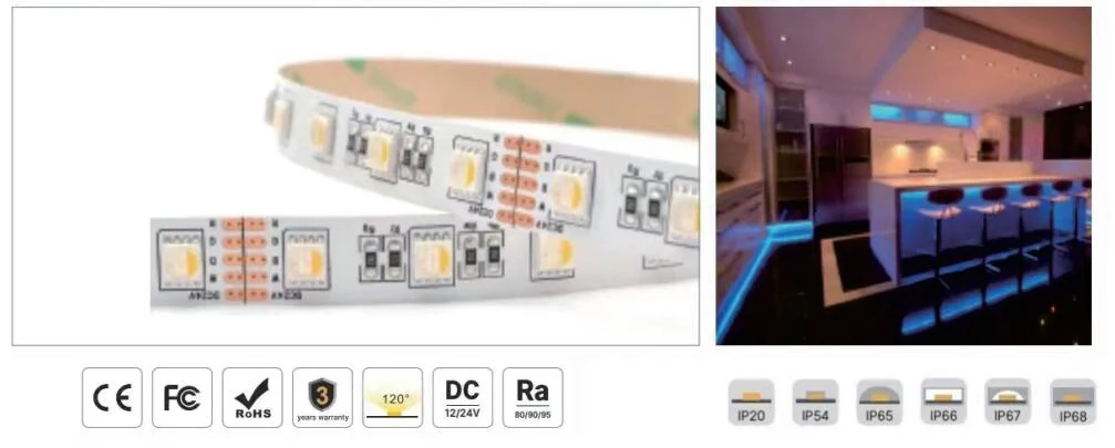 5050 LED Strip, Colorful Series, RGBW 60 LEDs/m technical drawing and optical data, sheet 1