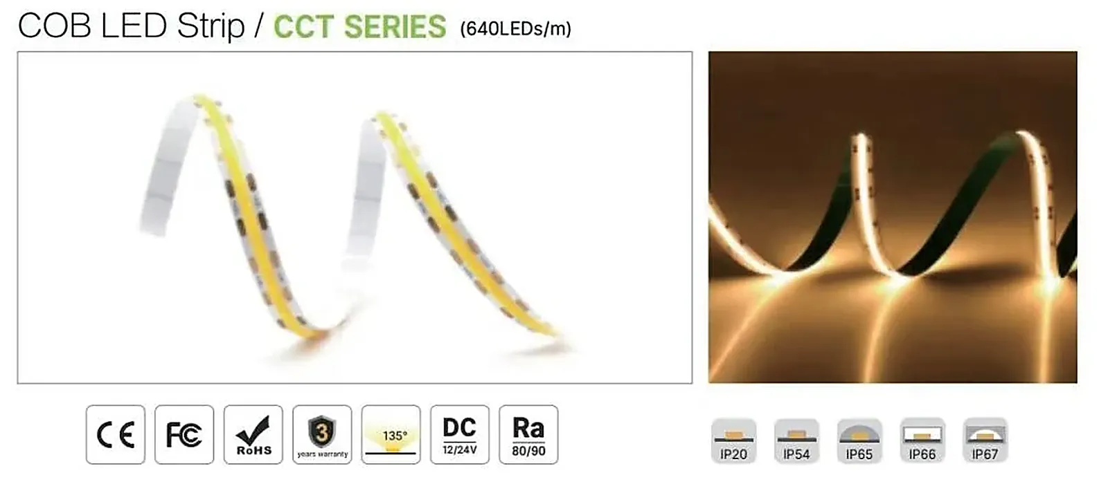 Warm white COB LED strip lit and coiled, showing a continuous line of light