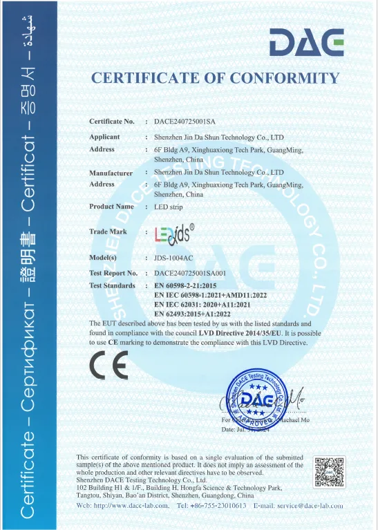 LVD Certificate of Conformity issued to Shenzhen Jinda Shun Technology Co., Ltd.