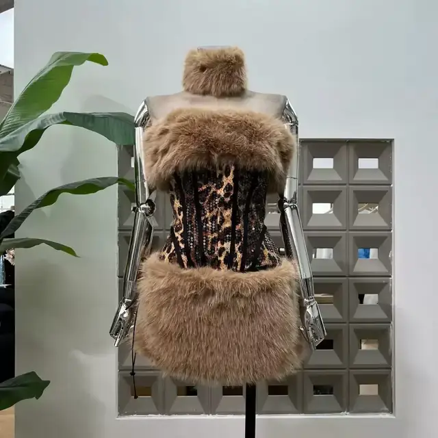Sequin leopard corset mini dress with tan faux fur collar cuffs and skirt