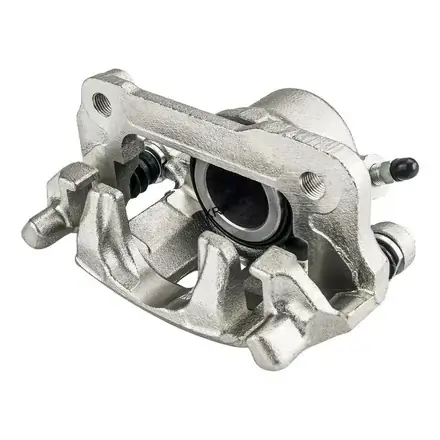 Brake caliper with pads and fitting hardware on a white background