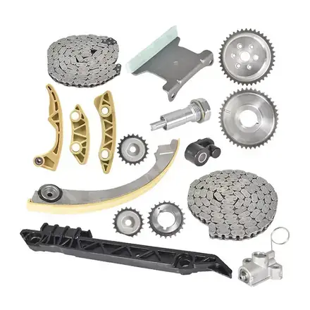 Complete timing chain kit laid out with chain sprockets guides and tensioner